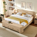 T4TREAM Farmhouse King Bed with Headboard and Storage Bench, Natural Oak