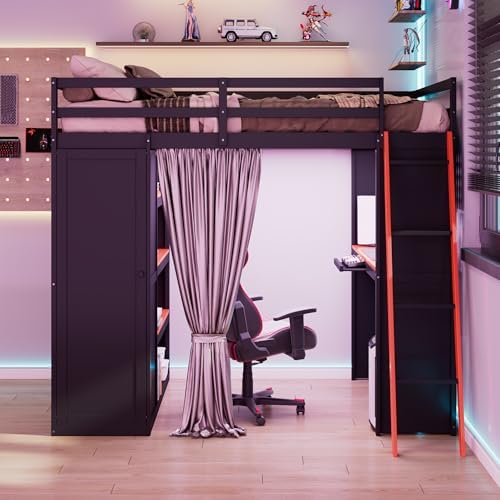 Merax Full Size Loft Bed with Desk and 6 Storage Shelves, Wardrobe, Blackout Curtain, Solid Wood Gaming Loft Bed Frame with USB Port & RGB Lights, No Box Spring Needed, Space-Saving, Black+Red