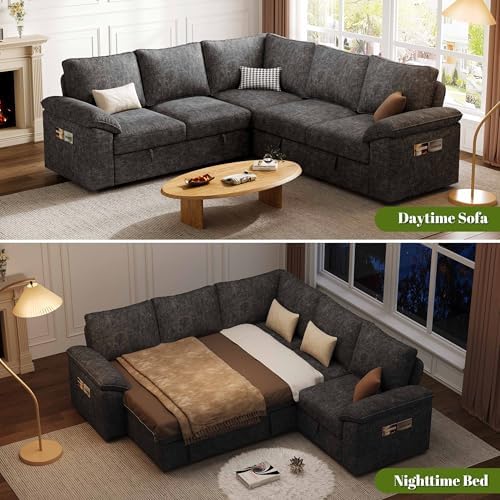 85'' Modular Sectional Sofa with Pull Out Bed, Sleeper Sofa, Dark Gray