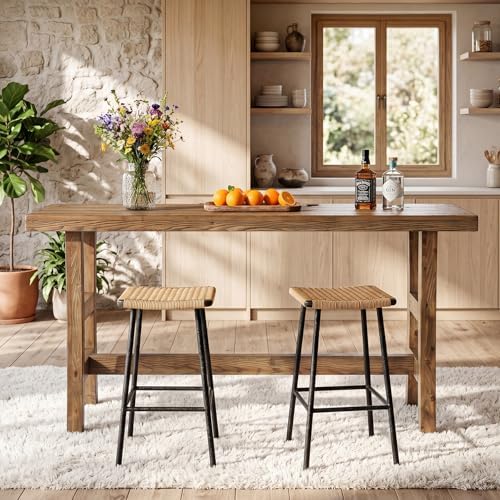 63-Inch Solid Wood Bar Table, Farmhouse Counter Height Pub Table with Footrest, Rectangular High Top Home Bar Units for Home Kitchen, Dining Room, Bistro (Without Chair, Retro Brown)