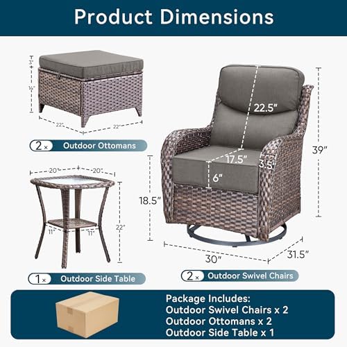 Luxury 5 Pieces Patio Furniture Set-Outdoor Swivel Rocker Patio Chairs with 6" Thick Cushions, Swivel Rocker Chairs with Ottomans & Side Table, Outdoor Conversation Sets for Porch Deck(Brown/Grey)