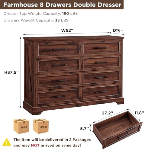 ACCOHOHO Farmhouse 8 Drawers Dresser Chests for Bedroom, Brown