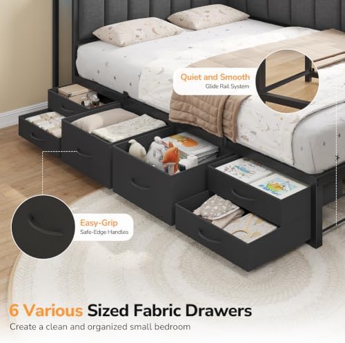 DICTAC Corner Queen Bed Frame with 6 Storage Drawers and Upholstered Guardrail, Queen Size Platform Bed Frame with Storage Shelves,Charging Station & RGB Led Lights,Modern Daybed for Teens Adult,Grey