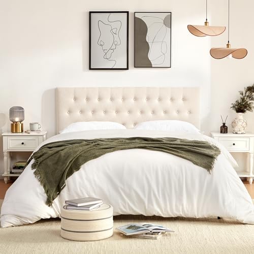 Tufted Upholstered Headboard King Size, Adjustable Height 37- 51 in, Beige