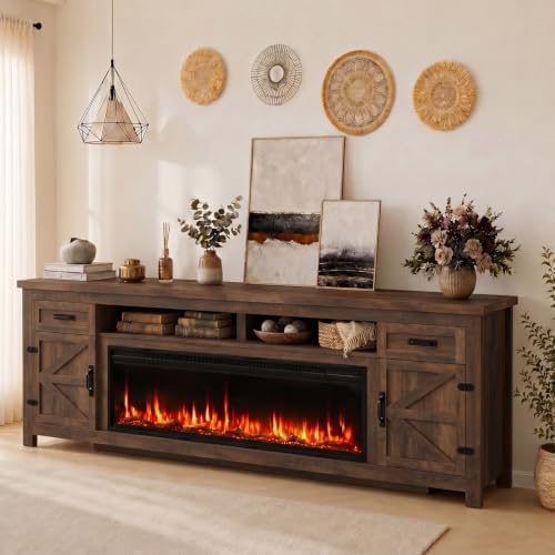 Fireplace TV Stand with Barn Door, 95 inch, Walnut