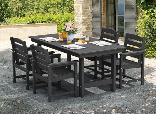 SERWALL HDPE Dining Set with Umbrella, Outdoor Dining Set for 6, Black