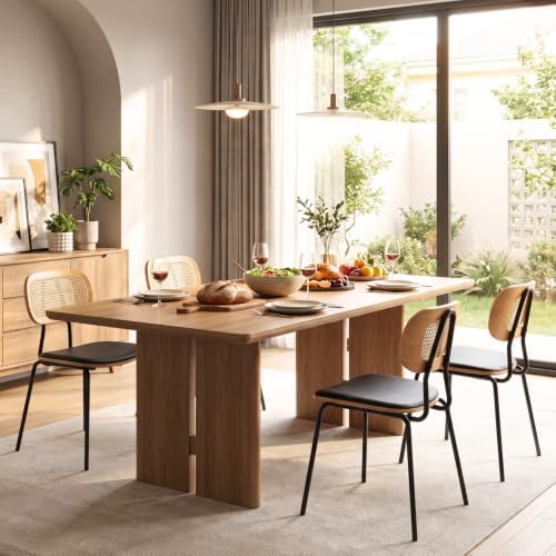 CIMOTA Rattan Dining Chairs Set of 6, Cane Back Kitchen Chairs with Metal Legs, Faux Leather Seat, Armless Dining Room Chairs for Kitchen, Black