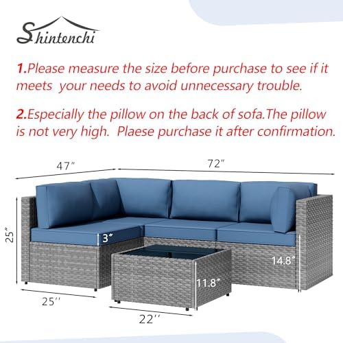 5 Piece Outdoor Patio Furniture Set with Silver PE Rattan, Navy Blue