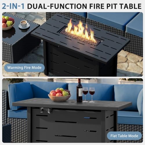 Shintenchi 6 Piece Outdoor Patio Furniture Set with 43 Inch Propane Fire Pit, Washable Cushions, Glass Coffee Table, Waterproof Cover & CSA Certified for Backyard Poolside, Black PE Rattan/Navy Blue