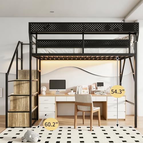 Queen Size Metal Loft Bed with Reversible Stairs and LED & USB Port