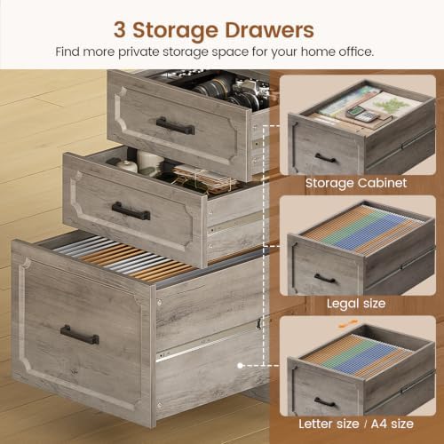 SEDETA Farmhouse L Shaped Desk with Drawers, 70.9" Home Office Desk with Storage Cabinet and Storage Shelves, L Shaped Computer Desk with Power Outlet，Gray