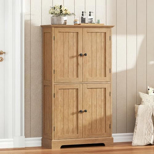 ChooChoo Bathroom Floor Cabinet with Adjustable Shelves | Bathroom Storage Cabinet, 4 Doors, Freestanding Cupboard for Living Room, Natural
