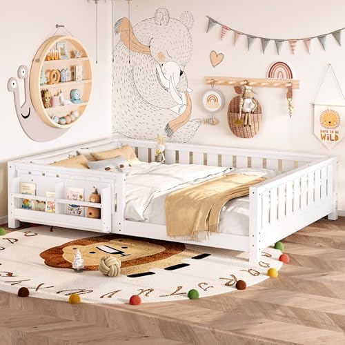 Queen Size Montessori Floor Bed with Bookshelf, Guardrail and Slats, White