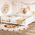Queen Size Montessori Floor Bed with Bookshelf, Guardrail and Slats, White