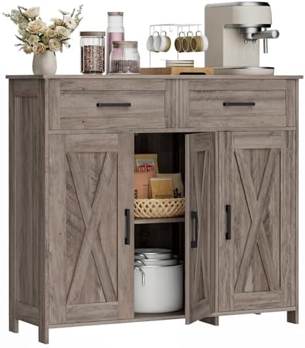 Homhedy Coffee Bar Storage Cabinet with Drawers, Kitchen Buffet Cabinet