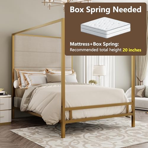 LUMISOL King Size Canopy Bed with Tall Upholstered Headboard, Upholstered 4-Poster Platform Bed Frame with Metal Posters, Box Spring Needed, Easy Assembly, Gold + Tan