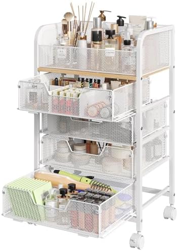 Hongtamoya Makeup Cart Organizer with 4 Drawers, Rolling Makeup Cart, White | Large Floor Skincare Vanity Organizers Cosmetics Display Cases Makeup Storage Cart for Skin Care Perfume Nail Polish