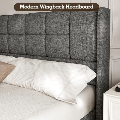 Queen Bed Frame with Hydraulic Gas Lift Up Storage, Linen Upholstered