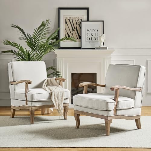 HULALA HOME Mid-Century Modern Accent Chair Set of 2, Upholstered Living Room Lounge Chair, Comfy Armchair with Solid Wood Legs & Removable Cushion, Bedroom Lounge Room Sofa Chair (Ivory)