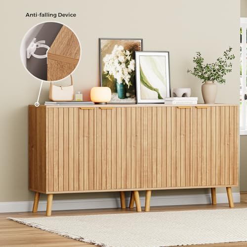 Set of 2 Fluted Storage Cabinet, Buffet Cabinet with Storage, Wood Sideboard with Adjustable Shelf, Modern Accent Cabinet & Console Table for Entryway, Living Room, Dining Room, Natural