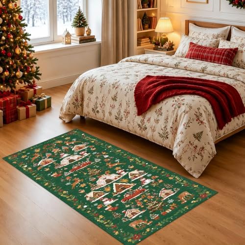 2x5 Christmas Runner Rug for Hallway - Washable Thin Kitchen Rug Runner Non Slip Low Pile Water Resistant Floor Mat for Entryway Laundry Bathroom Soft Bedroom Carpet （2x5,Green）