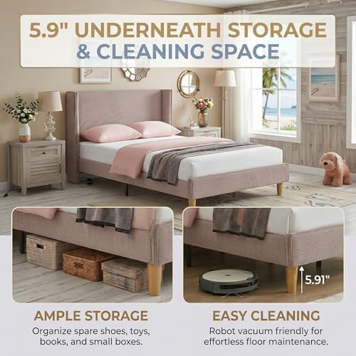 Twin Corduroy Upholstered Platform Bed with Headboard Wingback, Mink