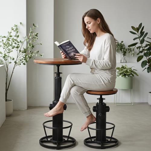 Vintage Bistro Table Height Adjustable 38.6-44.4inch Industrial Bar Table for Kitchen Dining Room Coffee House Pub Office Swivel Round Wooden Top for 2-3 People