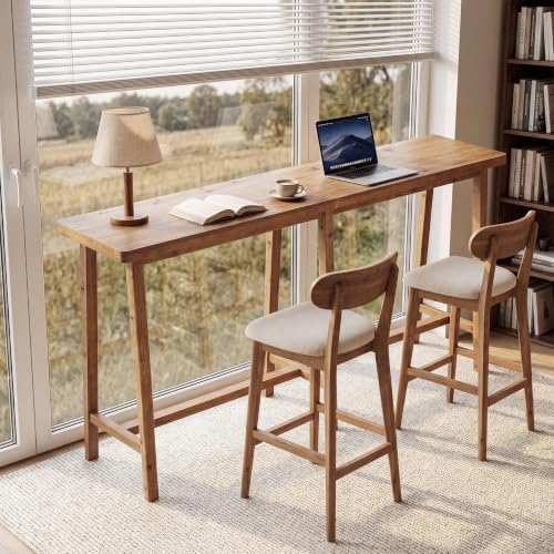 78.7" Solid Wood Bar Table with Footrest, Rustic Brown