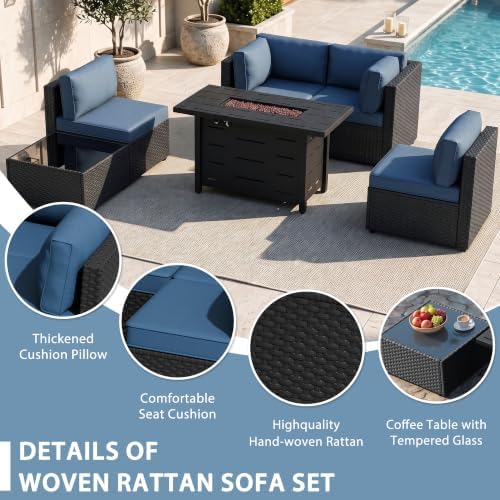 Shintenchi 6 Piece Outdoor Patio Furniture Set with 43 Inch Propane Fire Pit, Washable Cushions, Glass Coffee Table, Waterproof Cover & CSA Certified for Backyard Poolside, Black PE Rattan/Navy Blue
