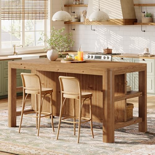 63" Solid Wood Kitchen Island with Storage Shelves, Easy Assembly