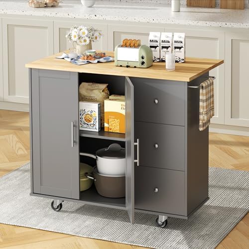 Shintenchi Kitchen Island with Folding Drop Leaf, Rolling Island Table with Storage, Kitchen Cabinet on Wheels with Seating Area for Kitchen, Bar Cart with Cabinet, Gray