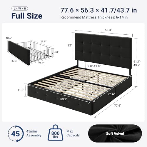 Allewie Full Size Storage Bed Frame with 4 Underbed Drawers, Upholstered Platform Bed with Adjustable Headboard, Square Button Tufted, Easy Assembly, Noise-Free, No Box Spring Needed, Soft Black