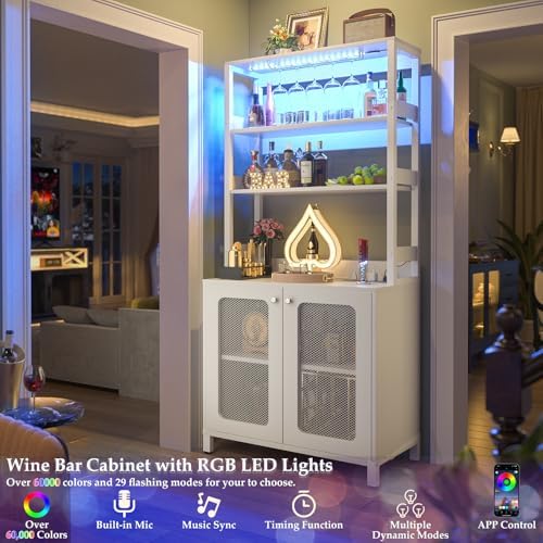 Aheaplus Bar Cabinet with Power Outlets, 67" Tall Wine Bar Cabinet, White