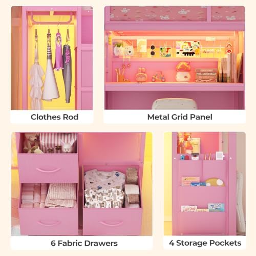 BTHFST Low Loft Bed Twin with Desk, Stairs, 6 Storage Drawers, Pink