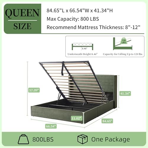 Queen Lift Up Storage Bed, Corduroy Platform Bed with Headboard, Turtle