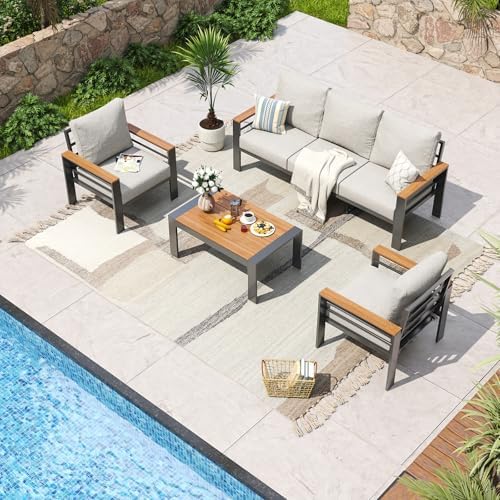 Aoxun Aluminum Patio Furniture Set 5 Seats, Oversized Outdoor Sectional with Washable Thick Cushions, Coffee Table, Patio Conversation Sets for Porch, Balcony, Deck