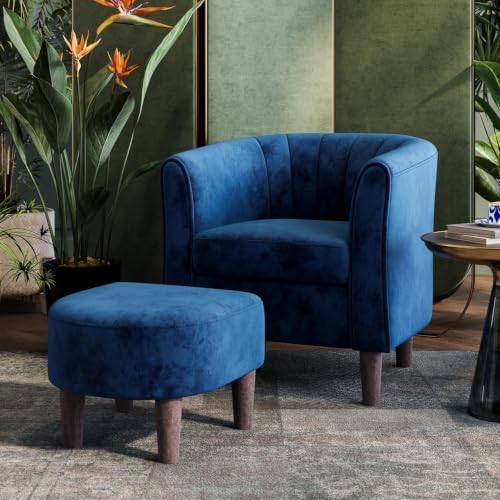 LINSY Accent Chair with Ottoman, Modern Barrel Chair Small Arm Chair Reading Chair with Footrest, Comfy Round Arms Chair for Living Room Bedroom Reading Room, Velvet(Blue)