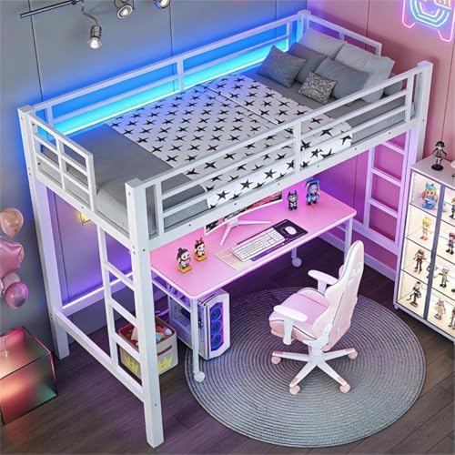 Bellemave Twin Size Loft Bed Frame with 2 Ladder, Sturdy Metal Construction & High Guardrail, Space-Saving Twin Loft Bed for Kids, No Box Spring Needed, Safe for Kids, Adults, Teens, Dorms, White