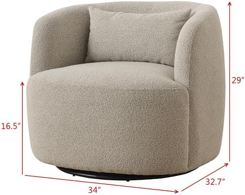 KINWELL 34" W Sherpa Swivel Barrel Accent Chair with Pillow, Taupe Gray