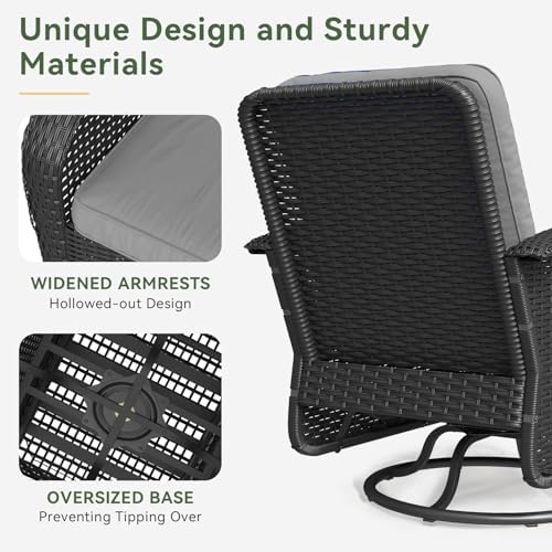 Aoxun 3 Pieces Patio Furniture Set, Patio Swivel Rocker Chairs Set of 2, Wicker Outdoor Bistro Set with Rocking Chair, Thickened Cushions and Table for Porch (Light Grey)