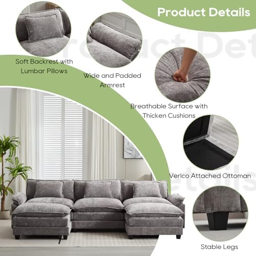 Oprisen 120" Modular Sectional Sofa, Comfy Deep Cloud Couch with Ottoman