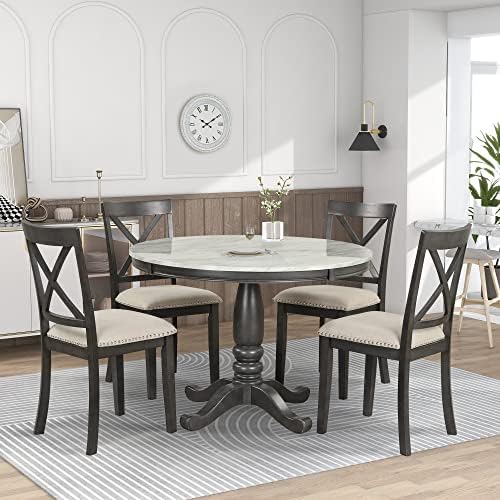Harper & Bright Designs 5-Piece [Round] [Dining] [Table] and Chair Set, with Cushion Chairs for Family [Dining] Area, Wood