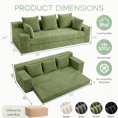 Boneless Couch for Living Room, 3 Seater Convertible Sofa Bed in Box, Green