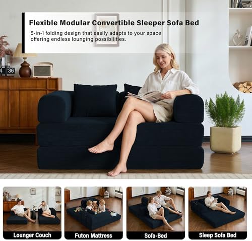 59" Convertible Sofa Bed, Boneless Sleeper Futon Couch for Small Spaces