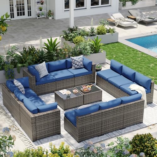 Aoxun Patio Furniture Sets, 14-Piece Outdoor Patio Furniture with 44'' Propane Gas Firepit Table, Wicker Outdoor Conversation Set Sectional Sofa for Backyard, Poolside, Garden