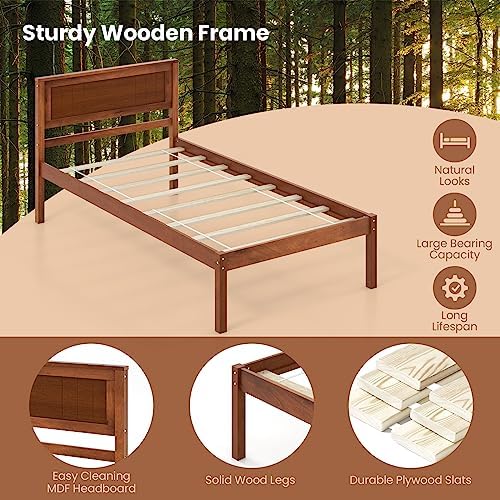 GIANTEX Twin Bed Frames with Headboard, Solid Wood Platform Bed with Wood Slat Support, Single Bed with 16" Under Bed Storage, Twin Bed Frames for Kids Adults Guests, Easy Assembly, Walnut