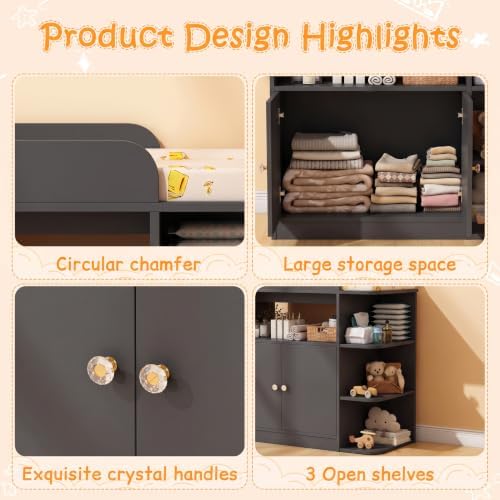 Wanan Changing Table Dresser with Large Cabinet for Nursery, Wood, Black
