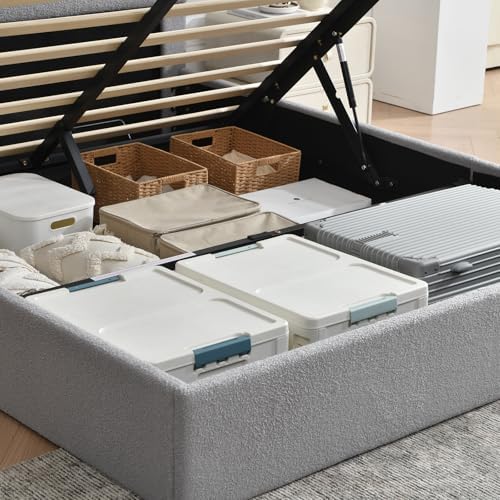 VELOCAVA Queen Size Lift-Up Storage Bed, Upholstered Boucle Bed with Curved Headboard, Rounded Corners, Sturdy Wooden Slat Support, No Box Spring Needed, Easy Assembly, Light Gray