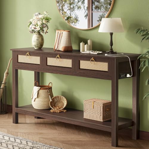 SUPERJARE Rattan Console Sofa Table with Outlets, USB-C Port and 3 Drawers