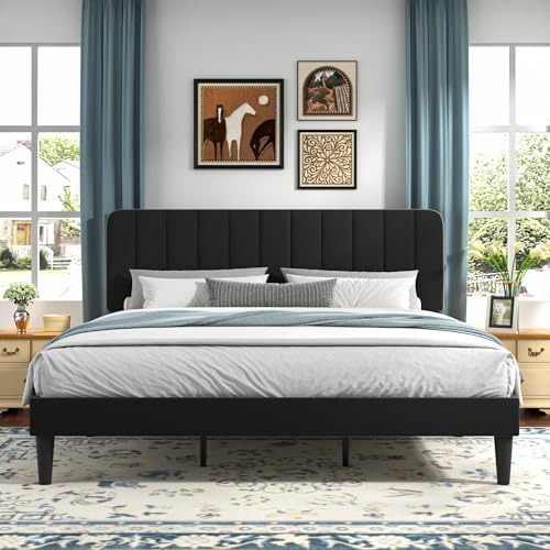 VECELO King Size Bed Frame with Upholstered Headboard, Velvet Platform Bedframe Mattress Foundation, Strong Wood Slat Support, No Box Spring Needed,Black